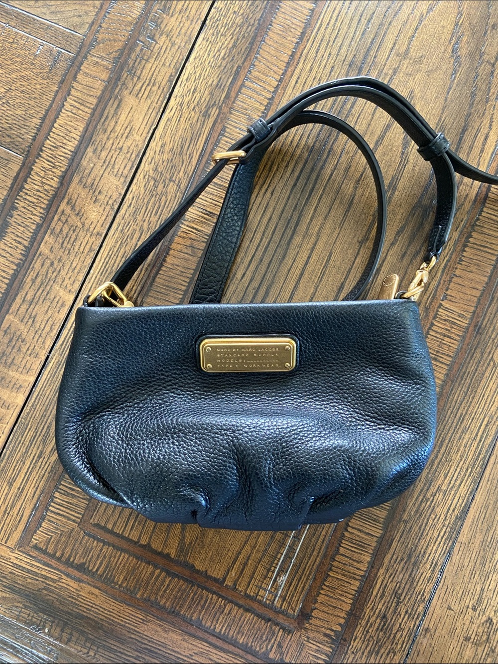 Marc by Marc Jacobs Black Pebbled Leather Mini Crossbody with Gold Plaque